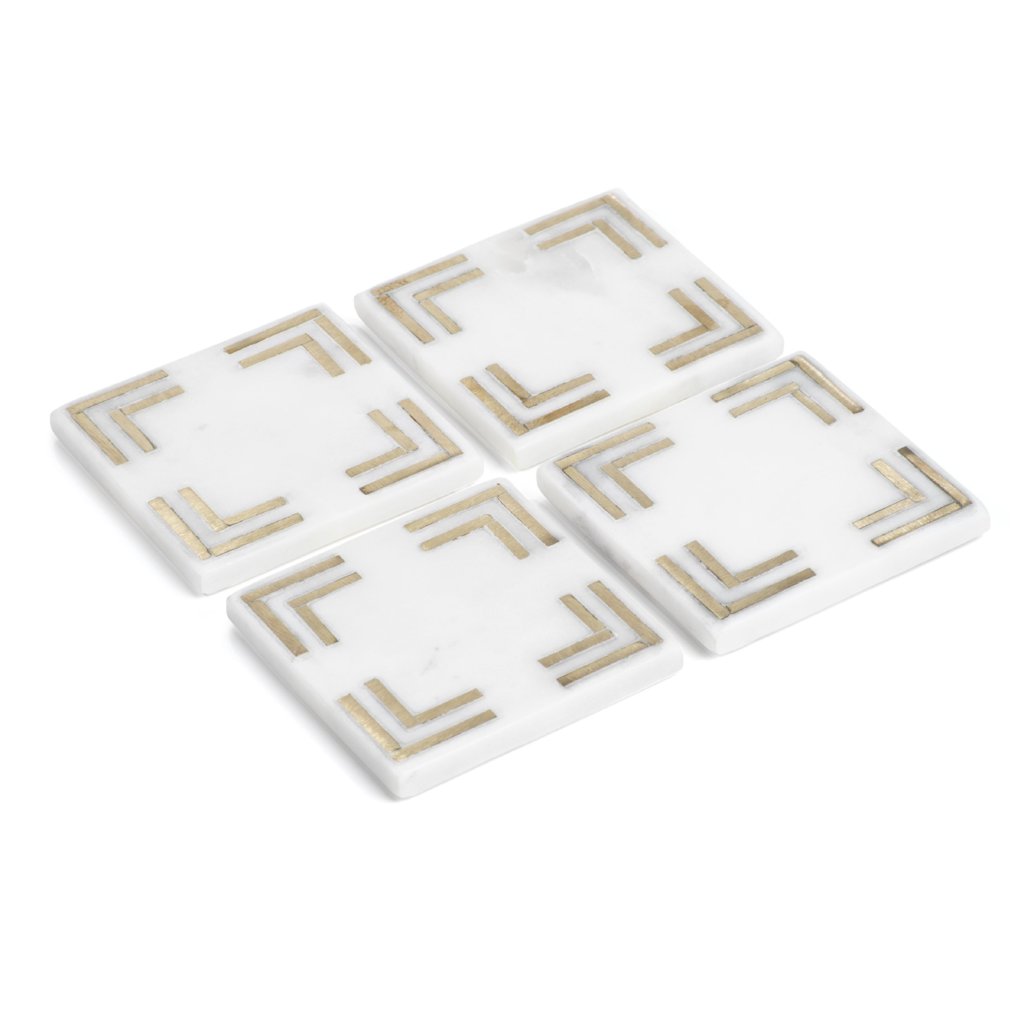 White Marble Square Coasters with Brass Inlay - Set of 4 - Image 2